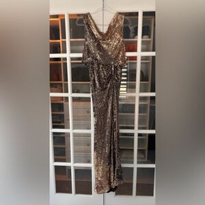 Alberto Makali Beaded Gold 100% Silk Evening Gown Size 2